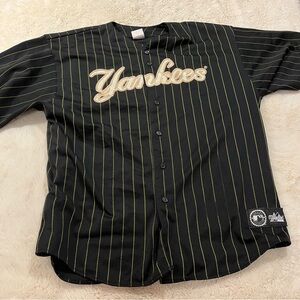 MENS 2XL BLACK PINSTRIPE NEW YORK YANKEES VINTAGE MAJESTIC BASEBALL JERSEY XXL